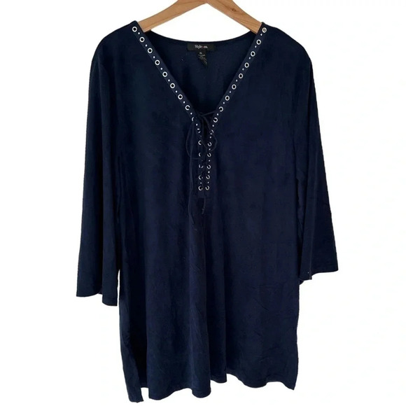 Style & Co. XL blue faux suede‎ boho V-neck tunic - Picture 1 of 5
